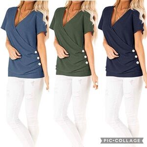 NWT Iliad U.S.A. Waffle Knit Surplice Wrap V-Neck Flutter Sleeve Side Button Top